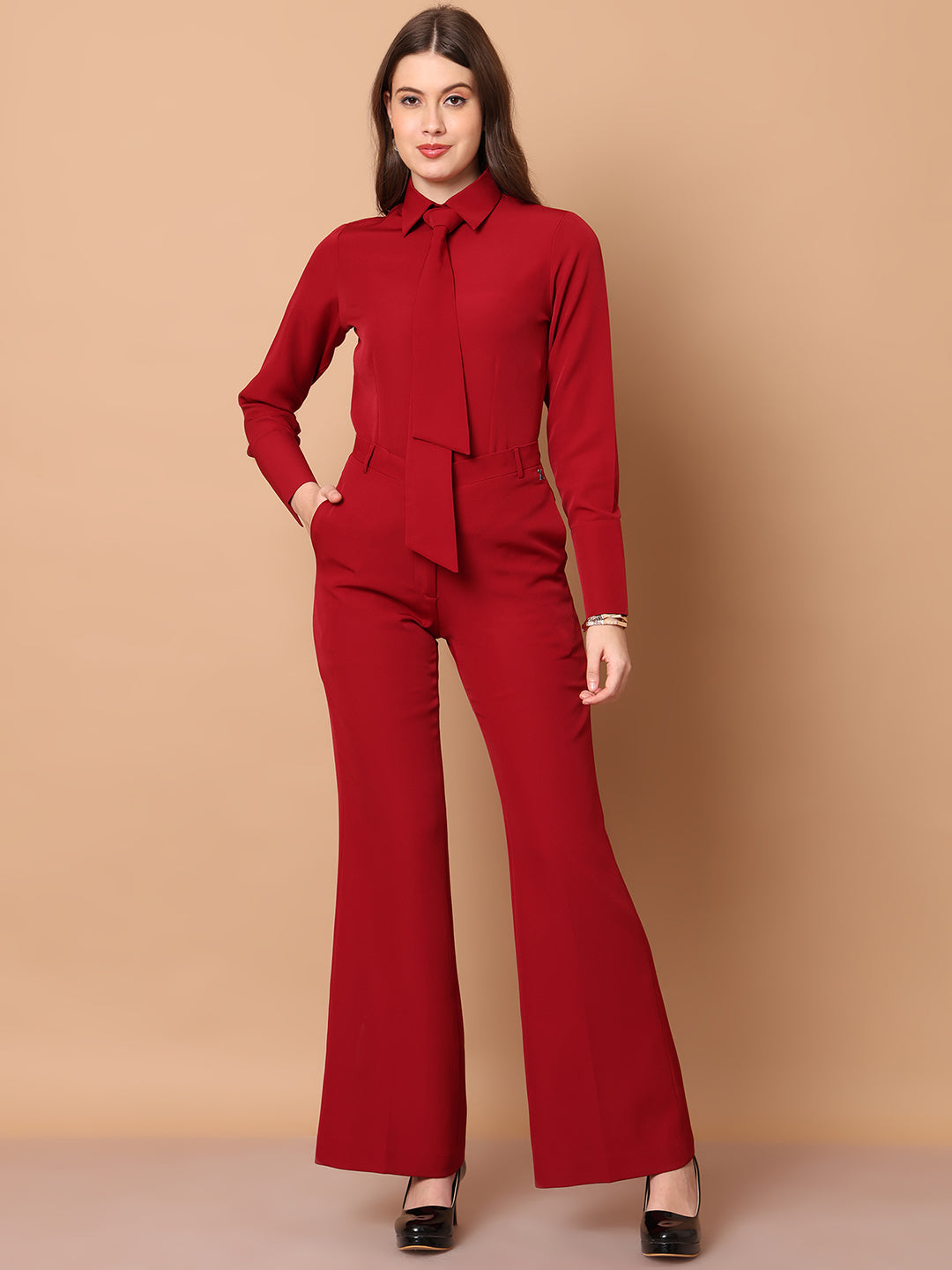 Exude Reign Supreme Shirt with Tie Paired with Matching Bootcut Trouser (Red)