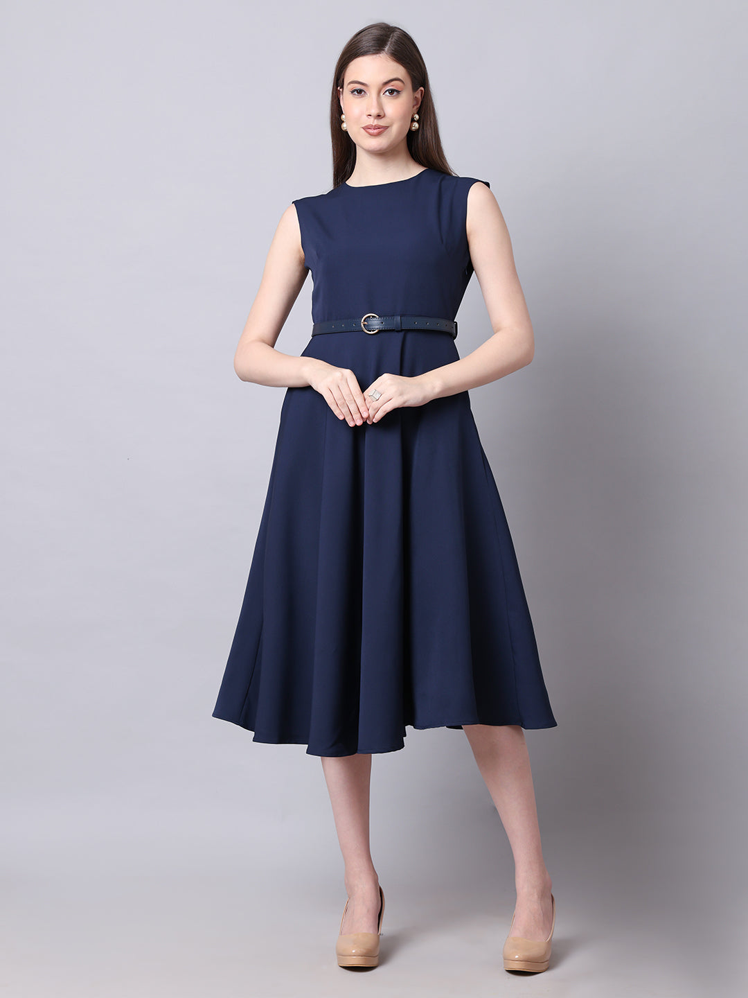 Exude Warmth Fit &amp; Flare Dress with Belt (Navy)