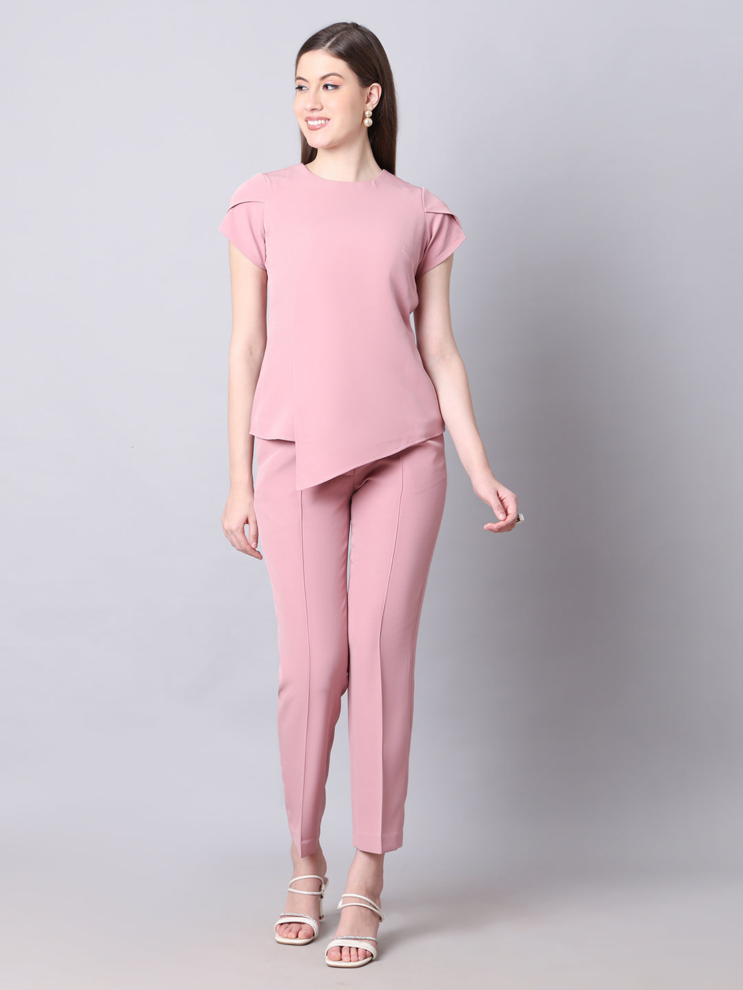 Exude Iconic Asymetrical Top with Straight Fit Trouser Co-ord (Dusty Pink)