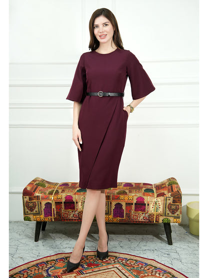 Exude Bliss Bell Sleeve Dress with Belt (Wine)