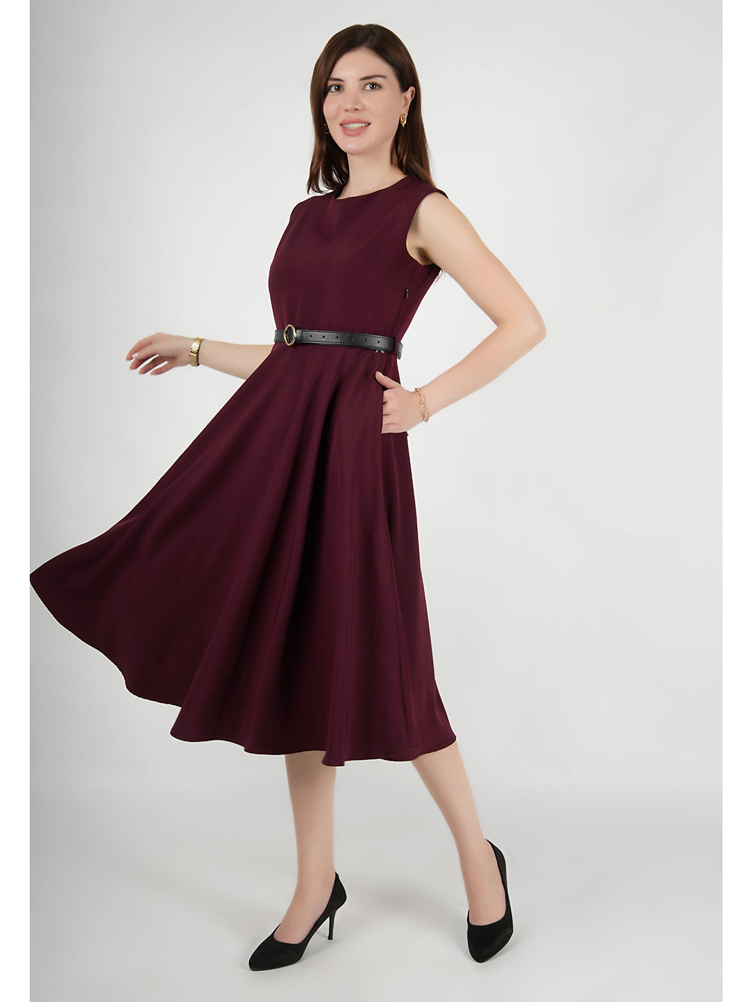 Exude Warmth Fit &amp; Flare Dress with Belt (Wine)