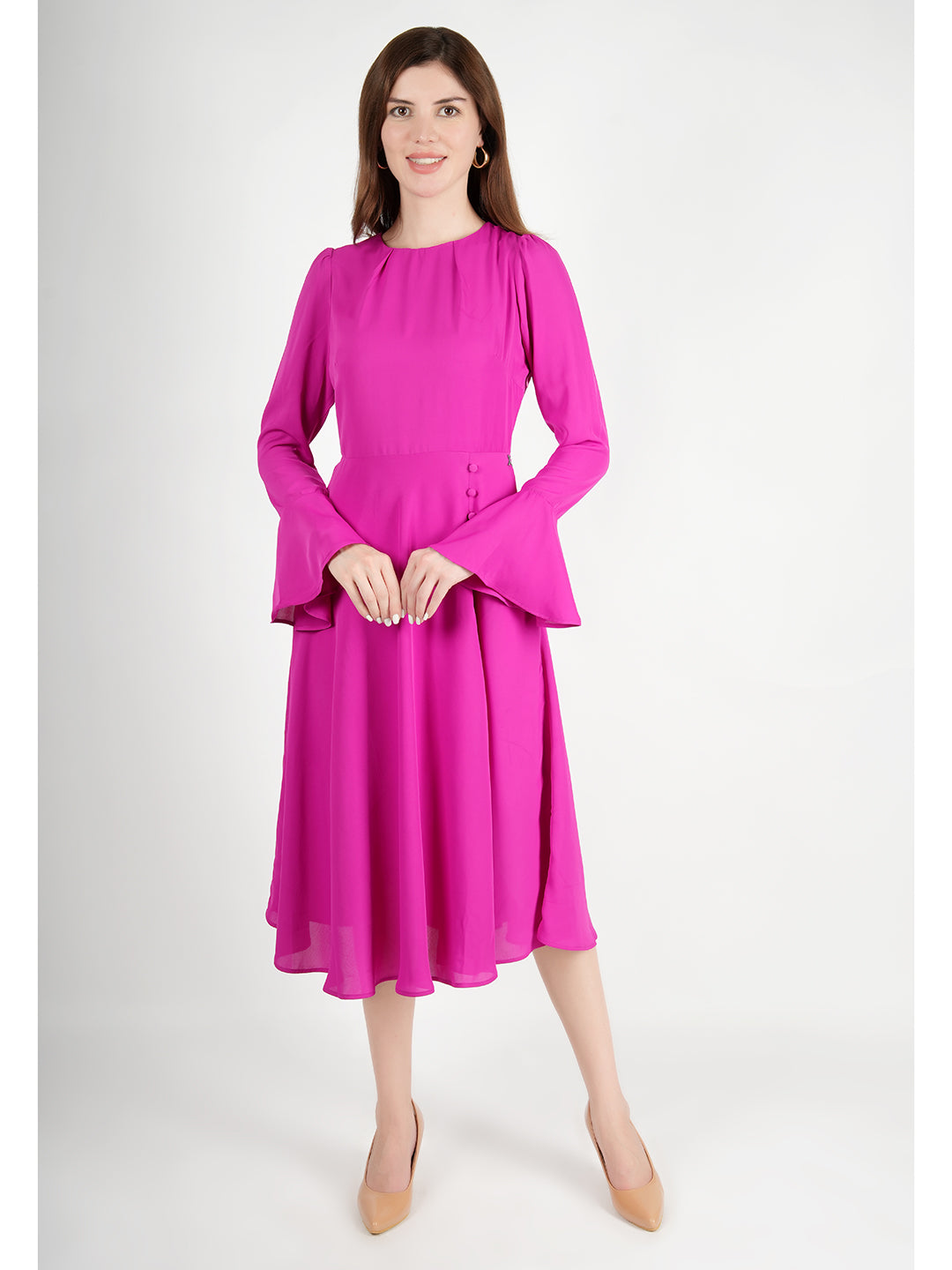 Exude Gleaming Fit &amp; Flare Dress with Long Sleeves (Rosy Pink)