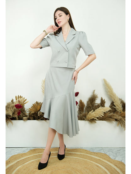 Exude Sunbeam Blazer Top with A-Symmetrical Skirt (Grey)