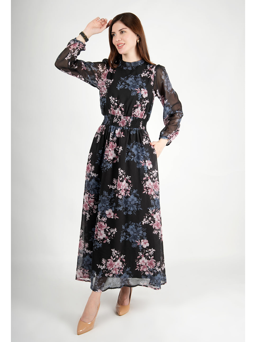 Exude Shimmer Black Floral Maxi Dress with Sleeves (Black)