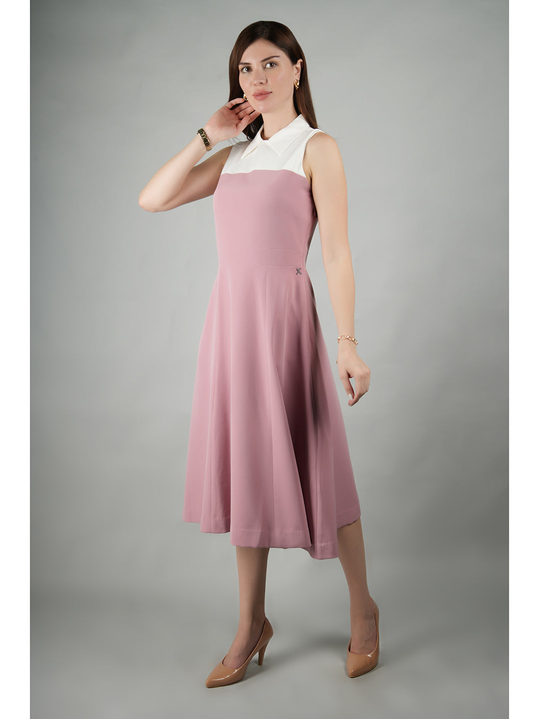 Exude Bronzed Color Block Dress With Collar (Blush Pink)