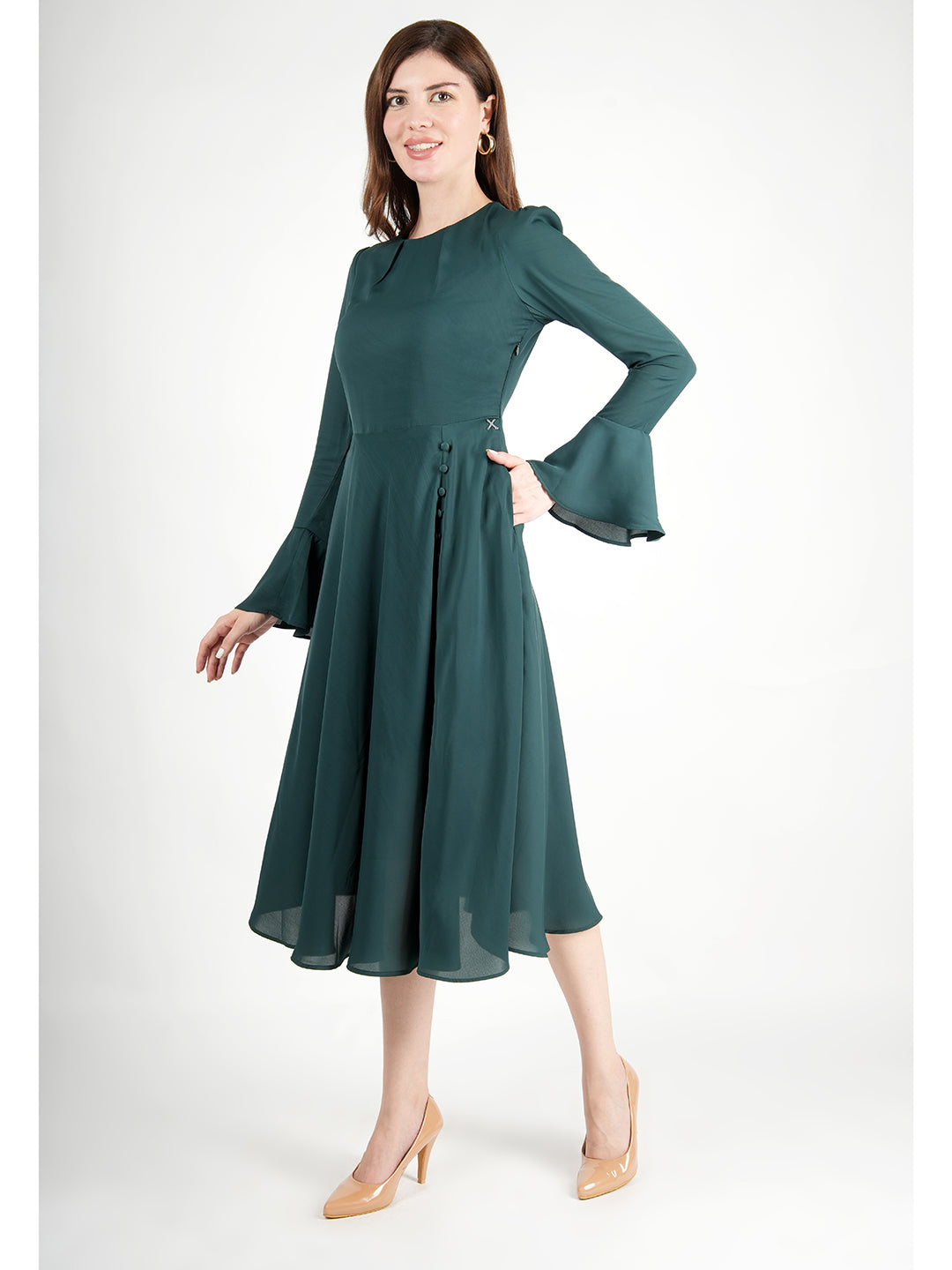 Exude Gleaming Fit &amp; Flare Dress with Long Sleeves (Emerald Green)