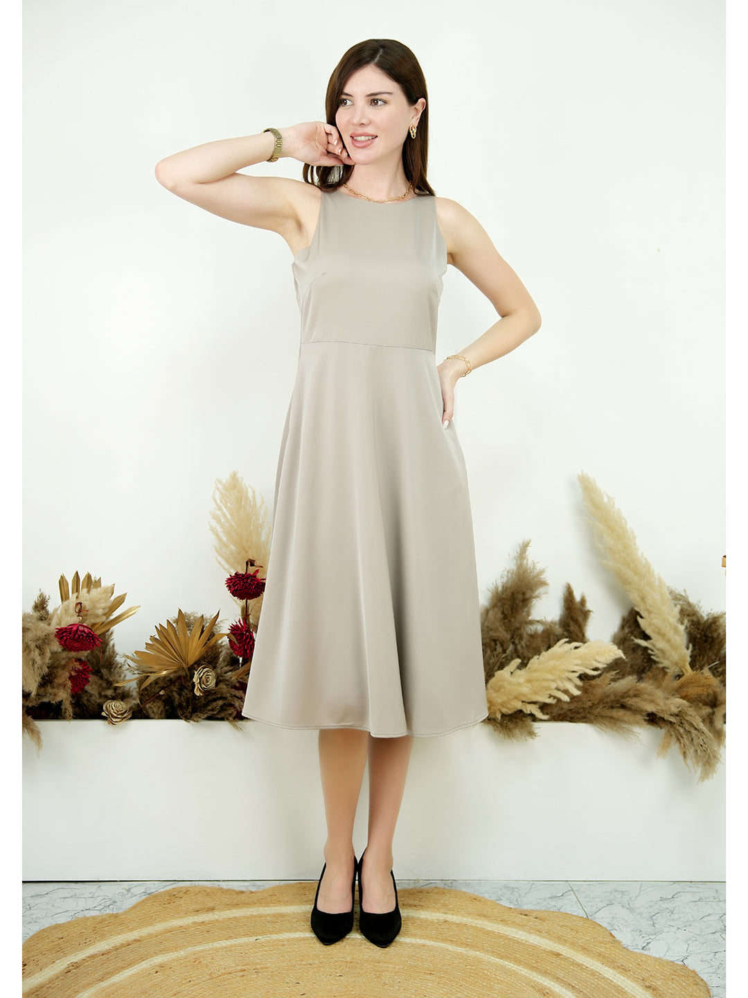 Exude Golden Glow Satin Dress with Pockets (Beige)