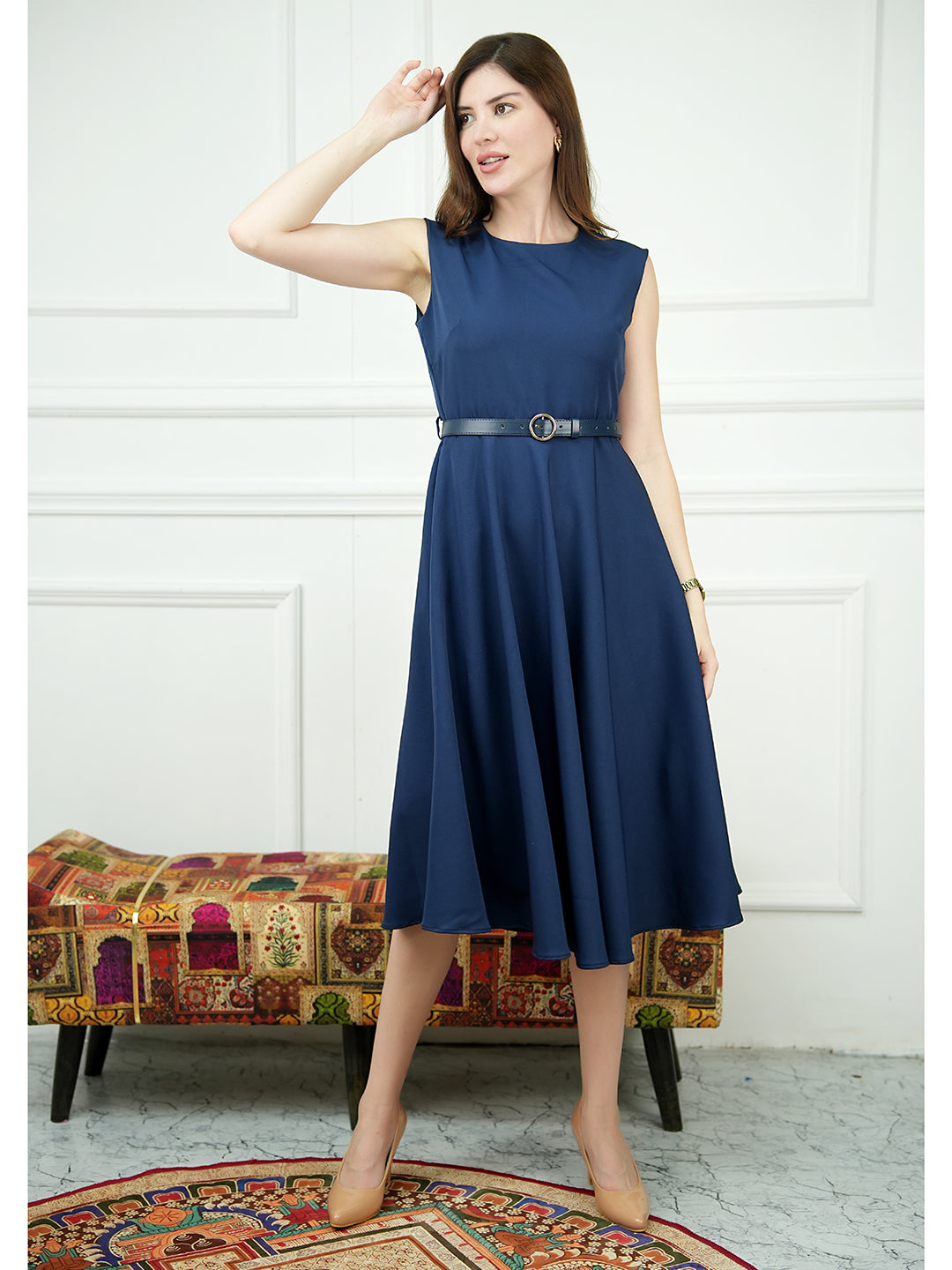 Exude Warmth Fit &amp; Flare Dress with Belt (Navy)