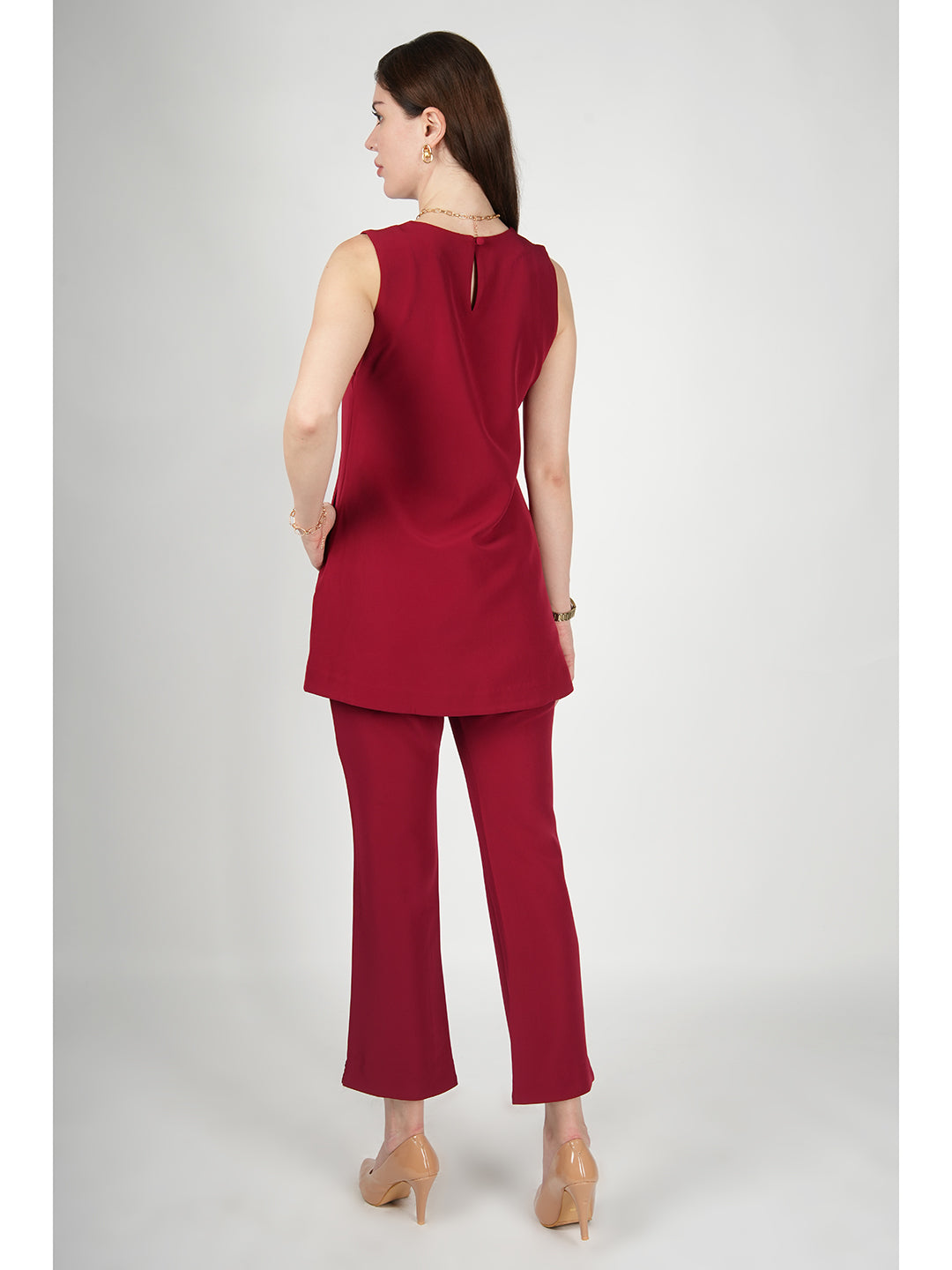 Exude Resplendent Thigh Length Tunic with Trouser (Red)