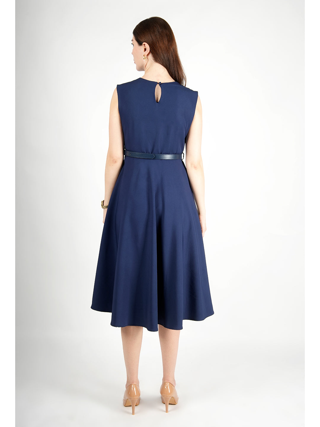 Exude Warmth Fit &amp; Flare Dress with Belt (Navy)