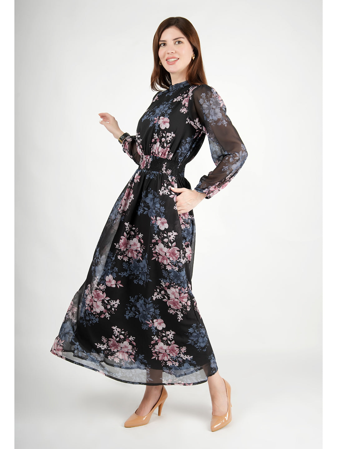 Exude Shimmer Black Floral Maxi Dress with Sleeves (Black)