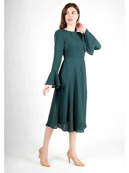 Exude Gleaming Fit &amp; Flare Dress with Long Sleeves (Emerald Green)