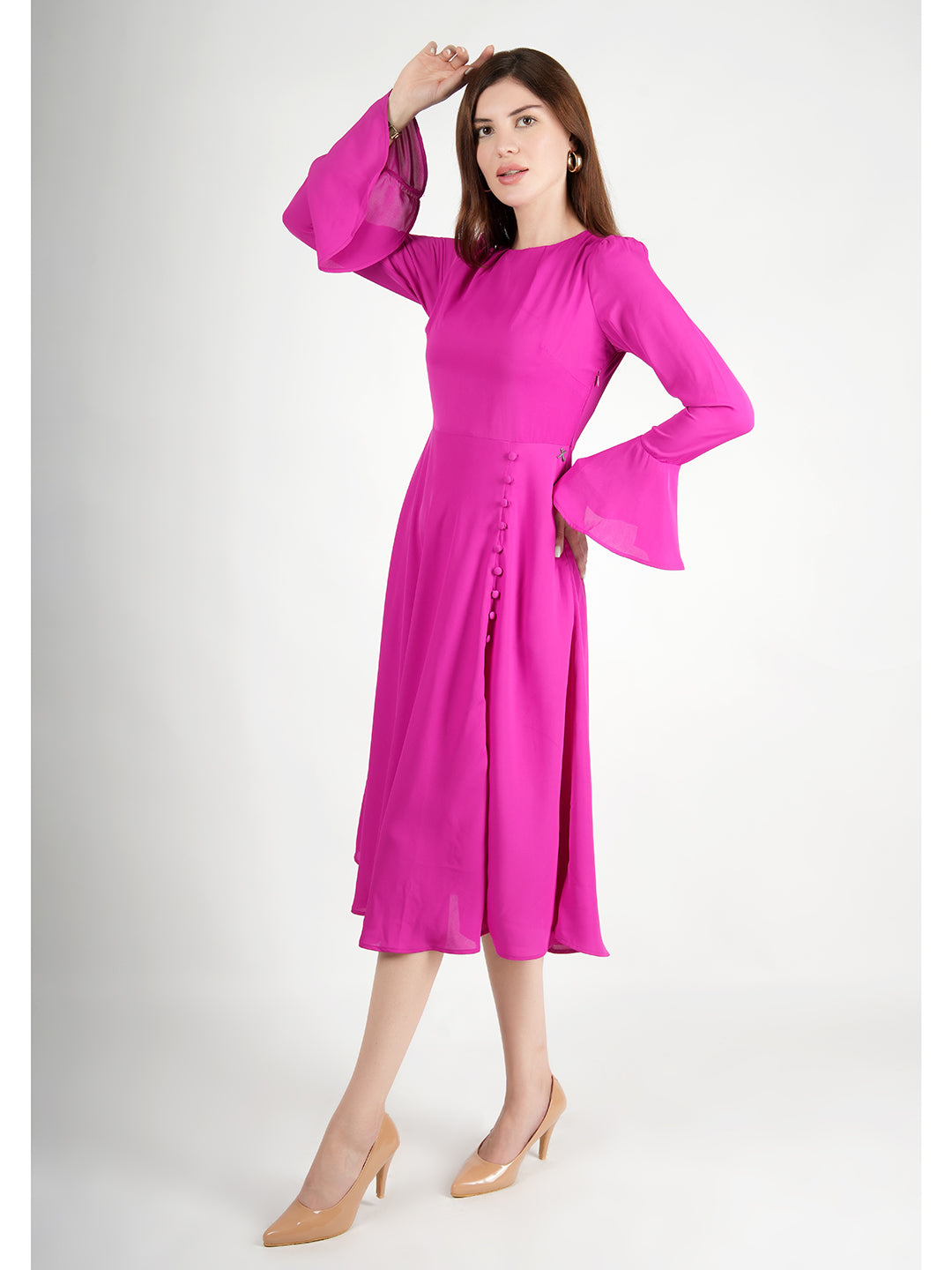 Exude Gleaming Fit &amp; Flare Dress with Long Sleeves (Rosy Pink)