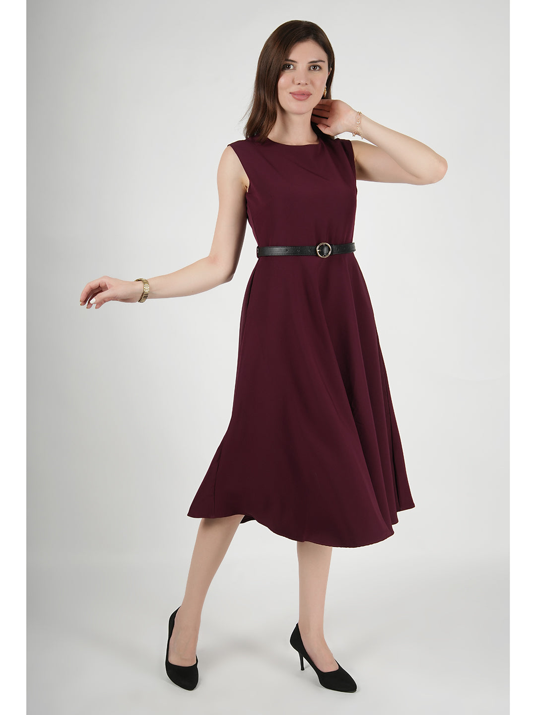 Exude Warmth Fit &amp; Flare Dress with Belt (Wine)