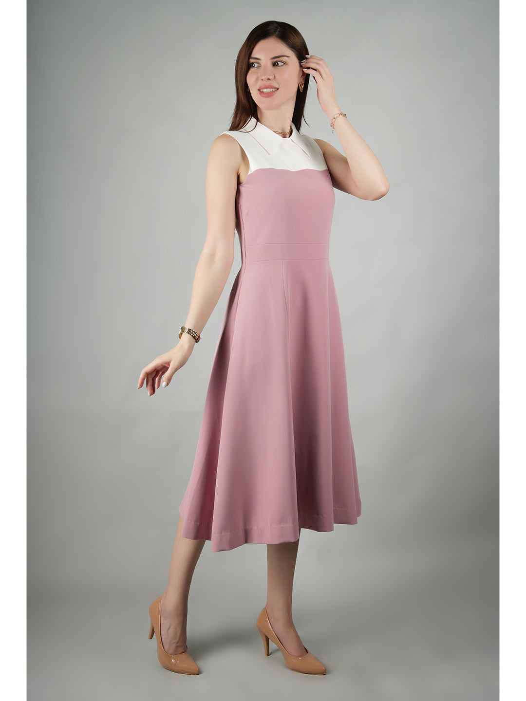 Exude Bronzed Color Block Dress With Collar (Blush Pink)