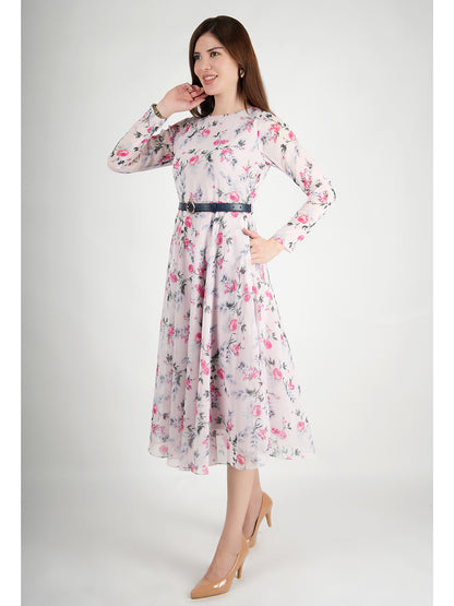 Exude Sunshine A-Line Georgette Dress with Belt (Pink)