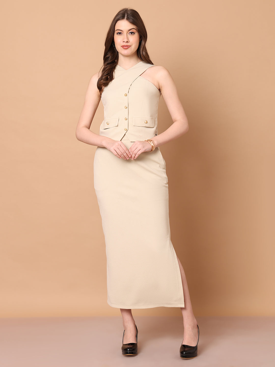 Exude Runway-Ready Long Skirt with Halter Top (Beige)