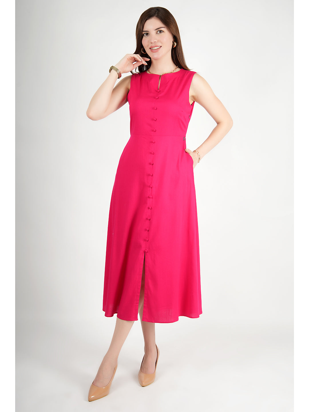 Exude Glowing Front Button Dress With Pockets (Fuscia)