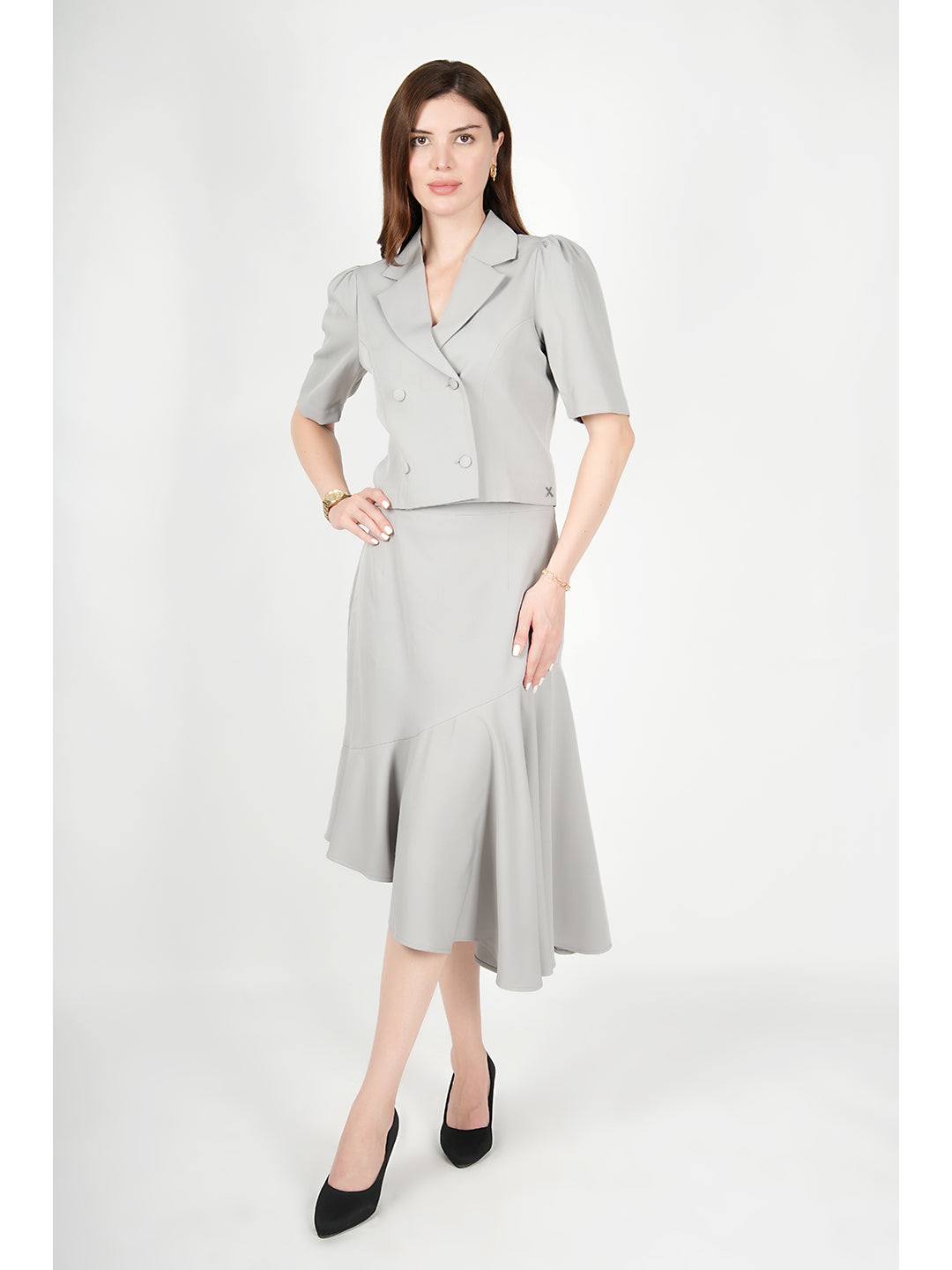 Exude Sunbeam Blazer Top with A-Symmetrical Skirt (Grey)
