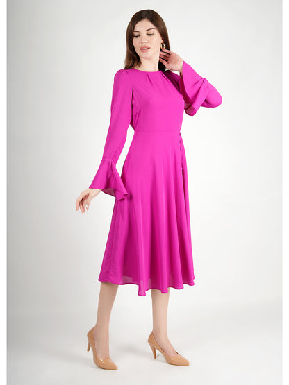 Exude Gleaming Fit &amp; Flare Dress with Long Sleeves (Rosy Pink)