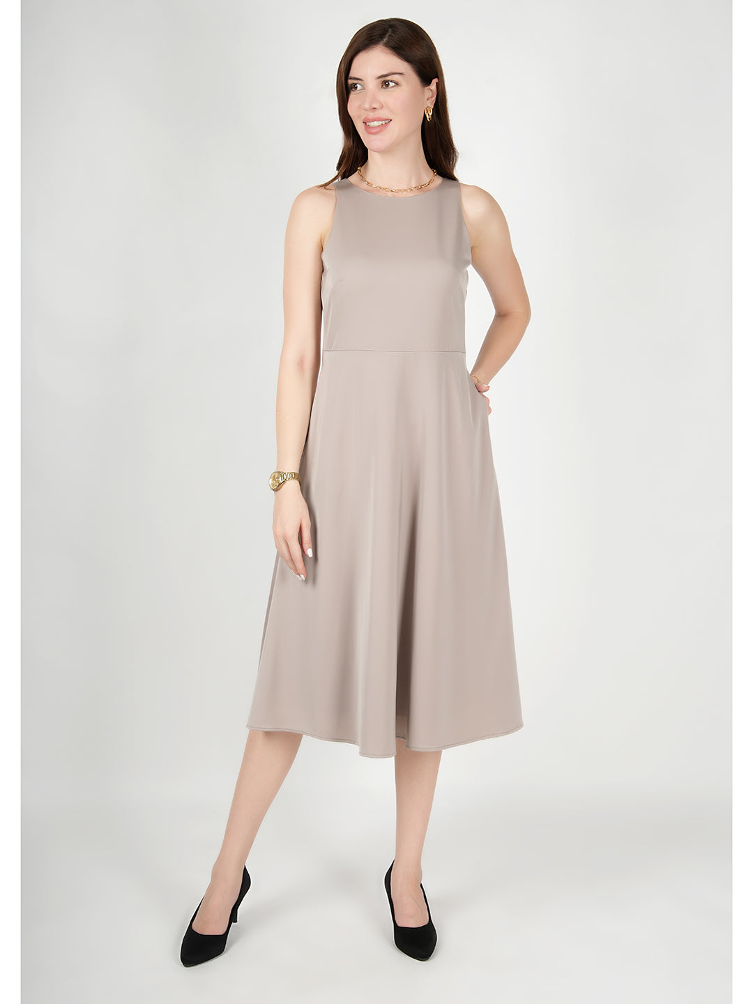 Exude Golden Glow Satin Dress with Pockets (Beige)