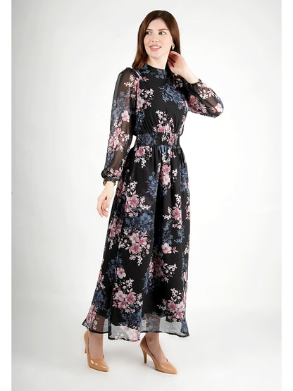 Exude Shimmer Black Floral Maxi Dress with Sleeves (Black)