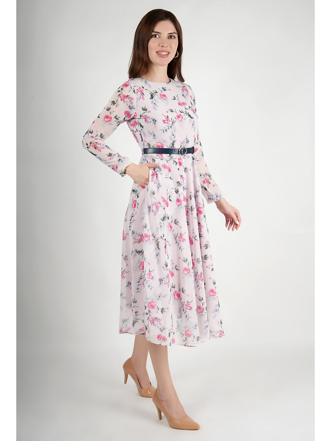 Exude Sunshine A-Line Georgette Dress with Belt (Pink)