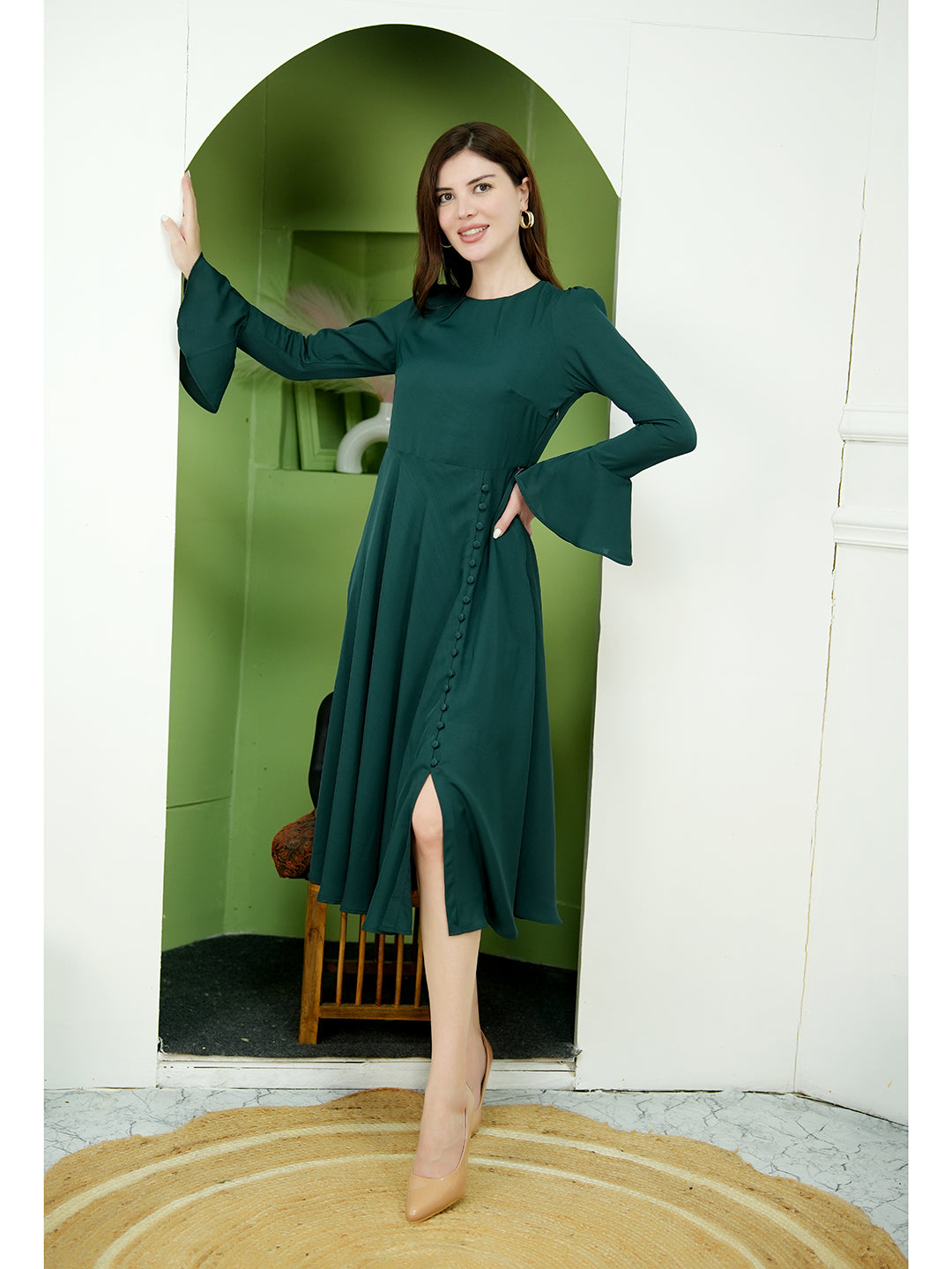 Exude Gleaming Fit Flare Dress with Long Sleeves Emerald Green