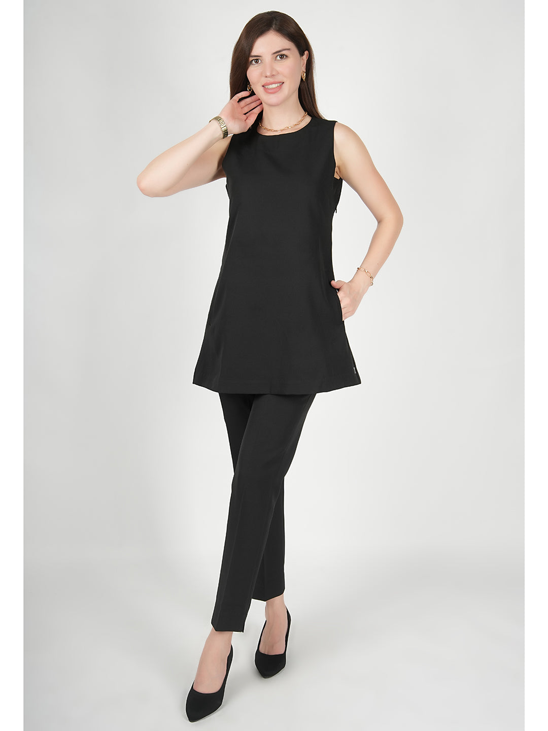 Exude Resplendent Thigh Length Tunic with Trouser (Black)