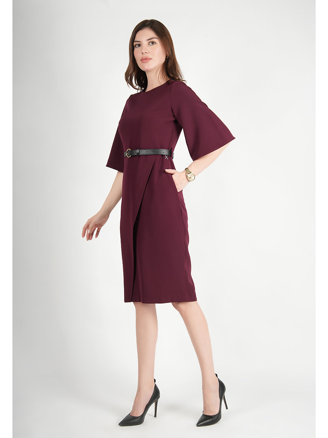 Exude Bliss Bell Sleeve Dress with Belt Wine