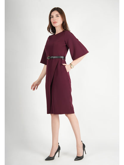 Exude Bliss Bell Sleeve Dress with Belt (Wine)