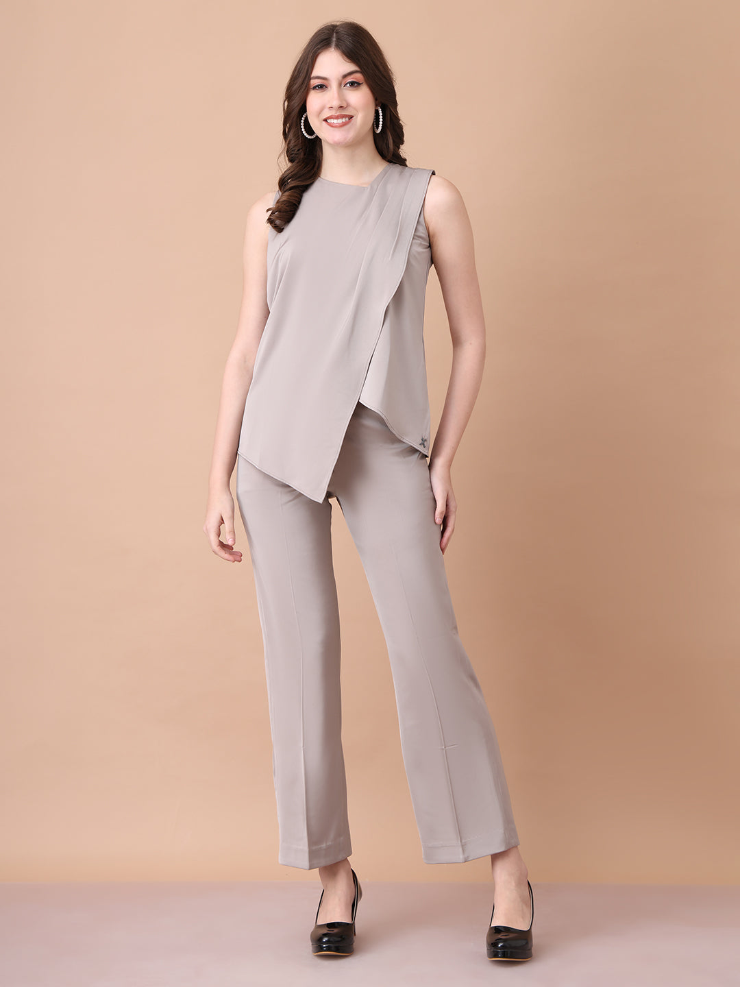 Exude Unbreakable Soft Matt Satin Overlay Sleeveless Top Paired With Straight Fit Trousers ( Light Beige)