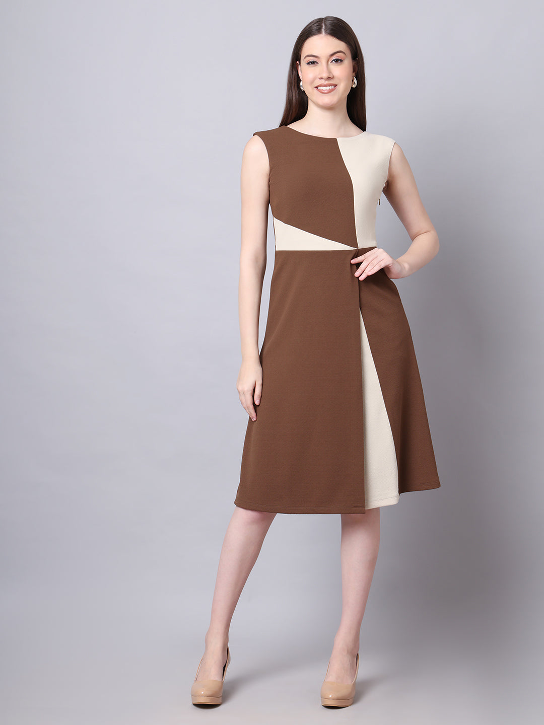 Exude Vibrant Versatility Colour Block A-line Dress (Coffee)