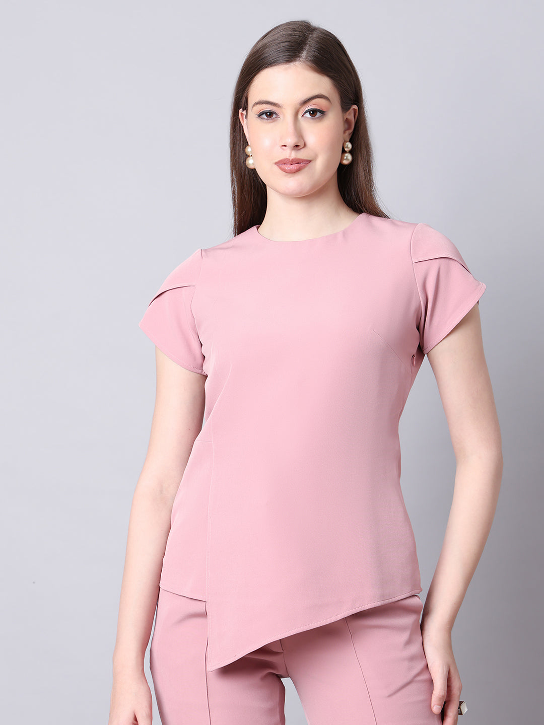 Exude Elysian Essence Asymmetrical Top with Cap Sleeves (Dusty Pink)