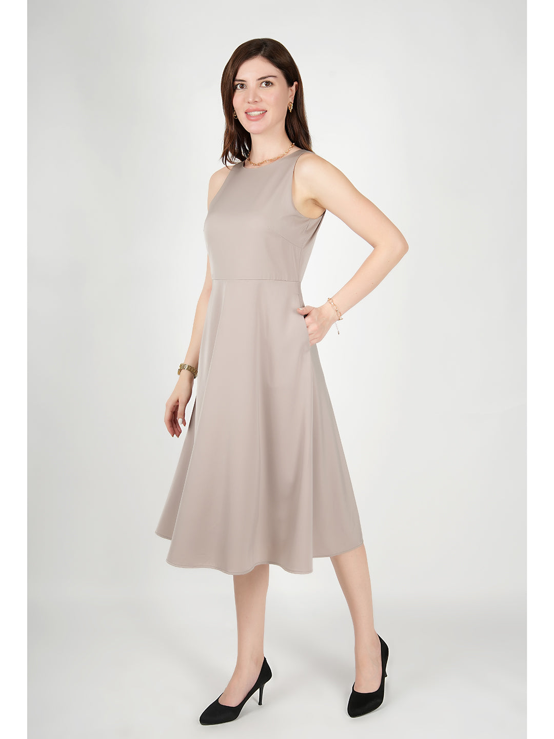 Exude Golden Glow Satin Dress with Pockets (Beige)