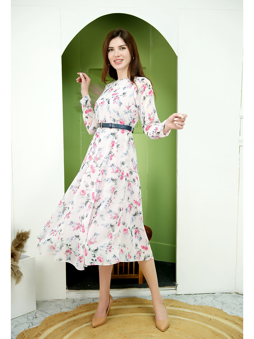 Exude Sunshine A-Line Georgette Dress with Belt (Pink)