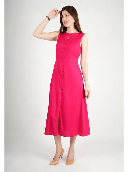 Exude Glowing Front Button Dress With Pockets (Fuscia)