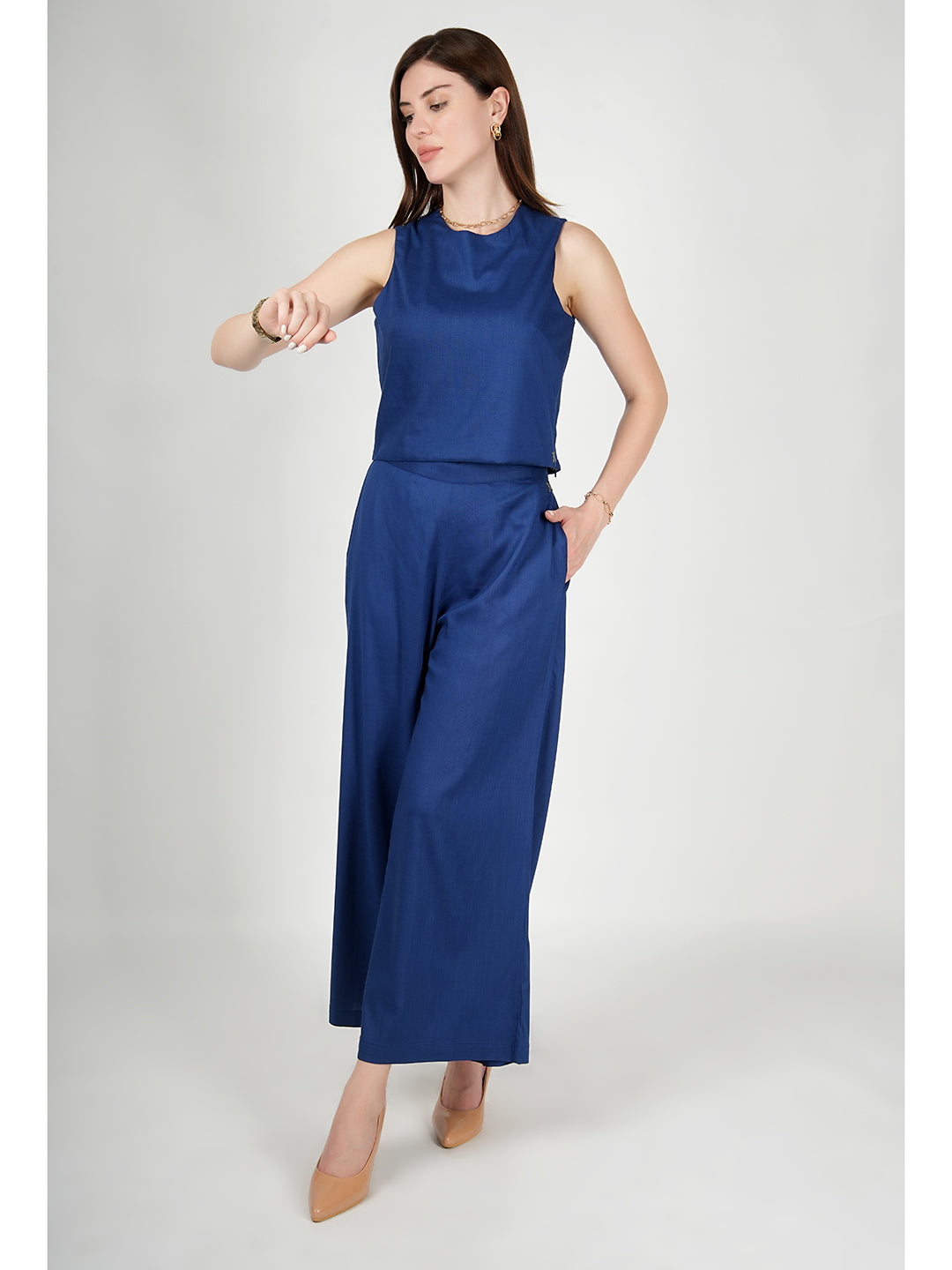 Exude Lustrous Long Jacket , Top with Wide Leg Trouser (Royal Blue)