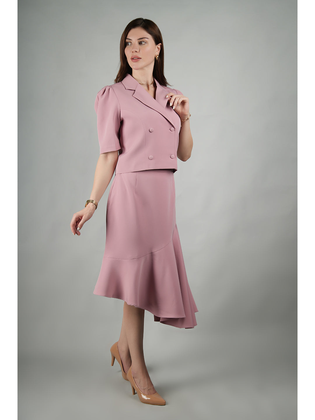 Exude Sunbeam Crop Blazer With Asymmetrical Skirt (Blush Pink)