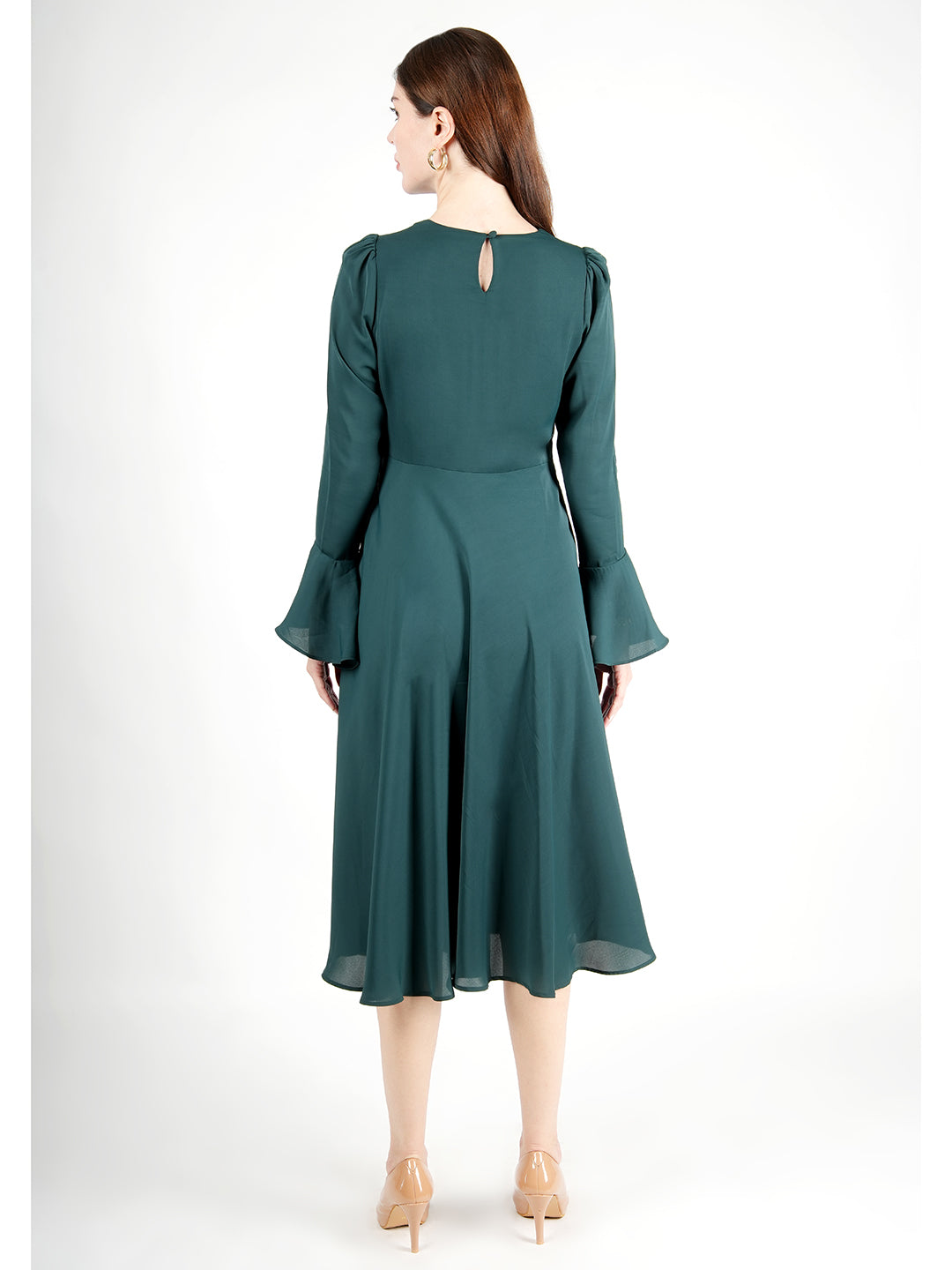 Exude Gleaming Fit &amp; Flare Dress with Long Sleeves (Emerald Green)