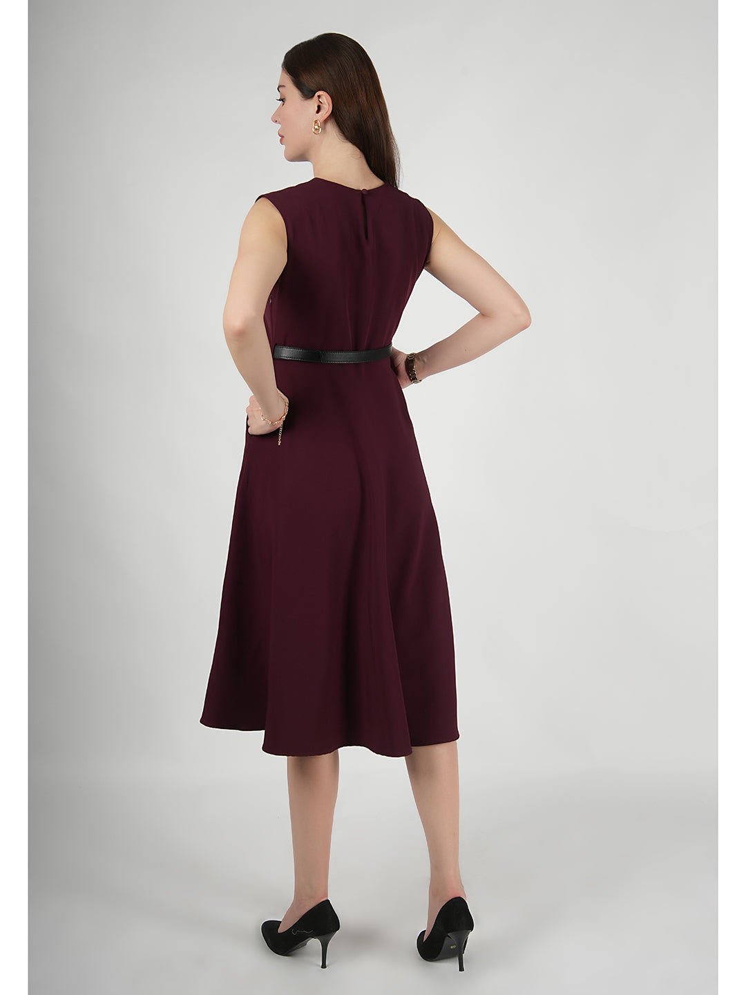 Exude Warmth Fit &amp; Flare Dress with Belt (Wine)