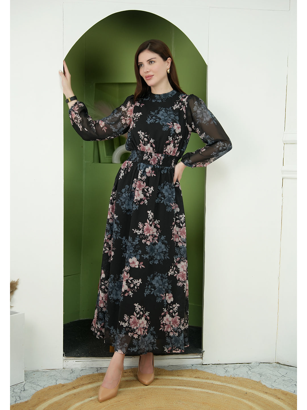 Exude Shimmer Black Floral Maxi Dress with Sleeves (Black)