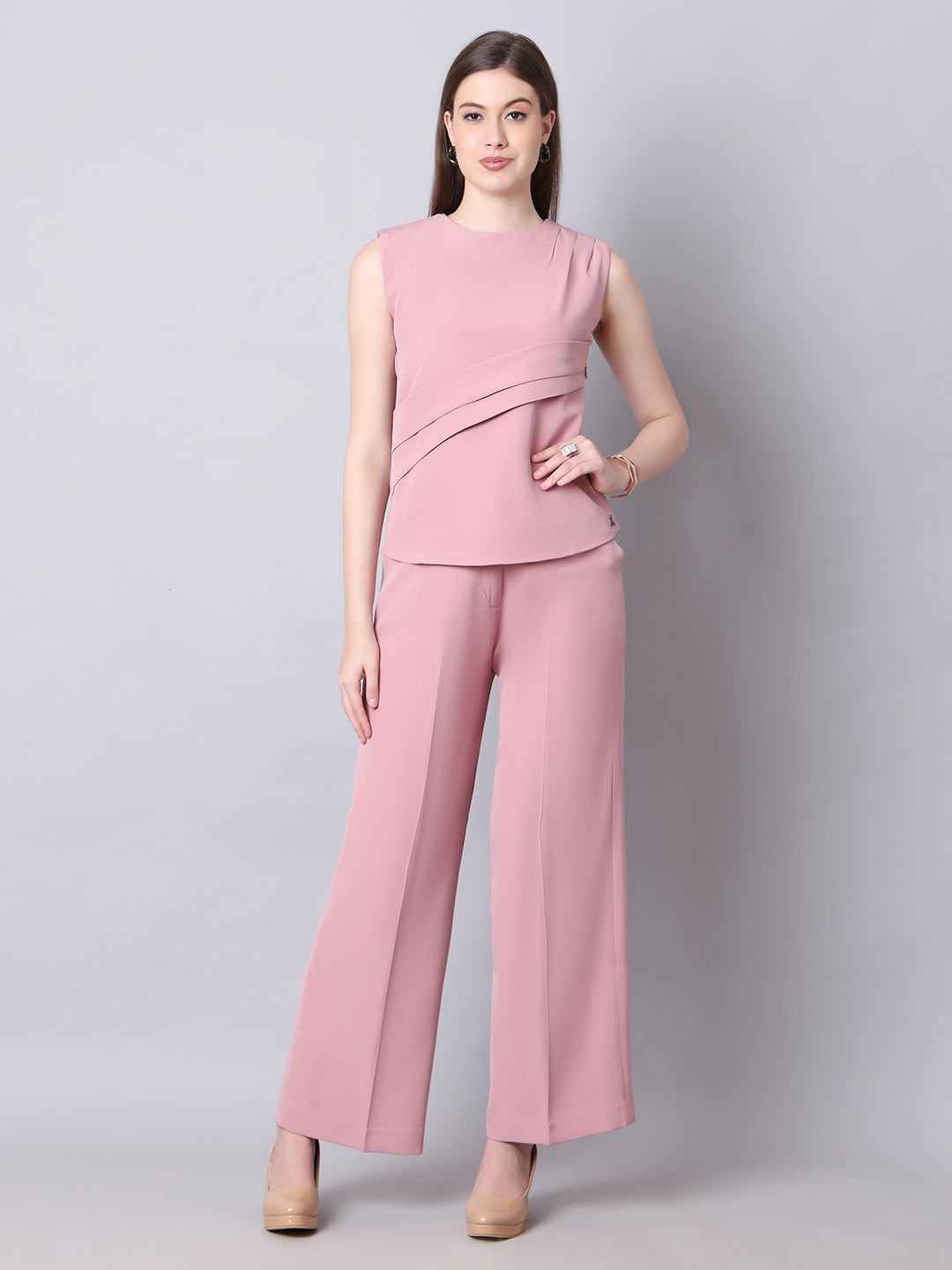 Exude Warrior Queen Side and Shoulder Pleat Top Paired with Wide Leg Trousers (Dusty Pink)