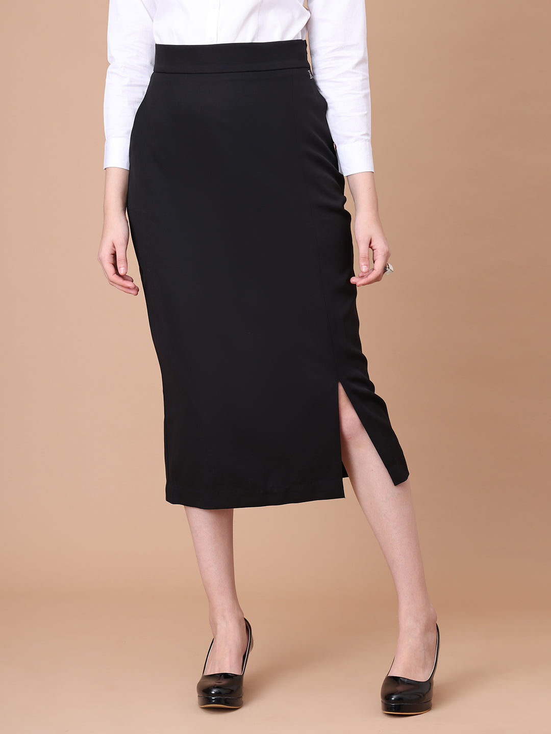 Exude Unstoppable Grace Midi Skirt With Front Slit (Black)