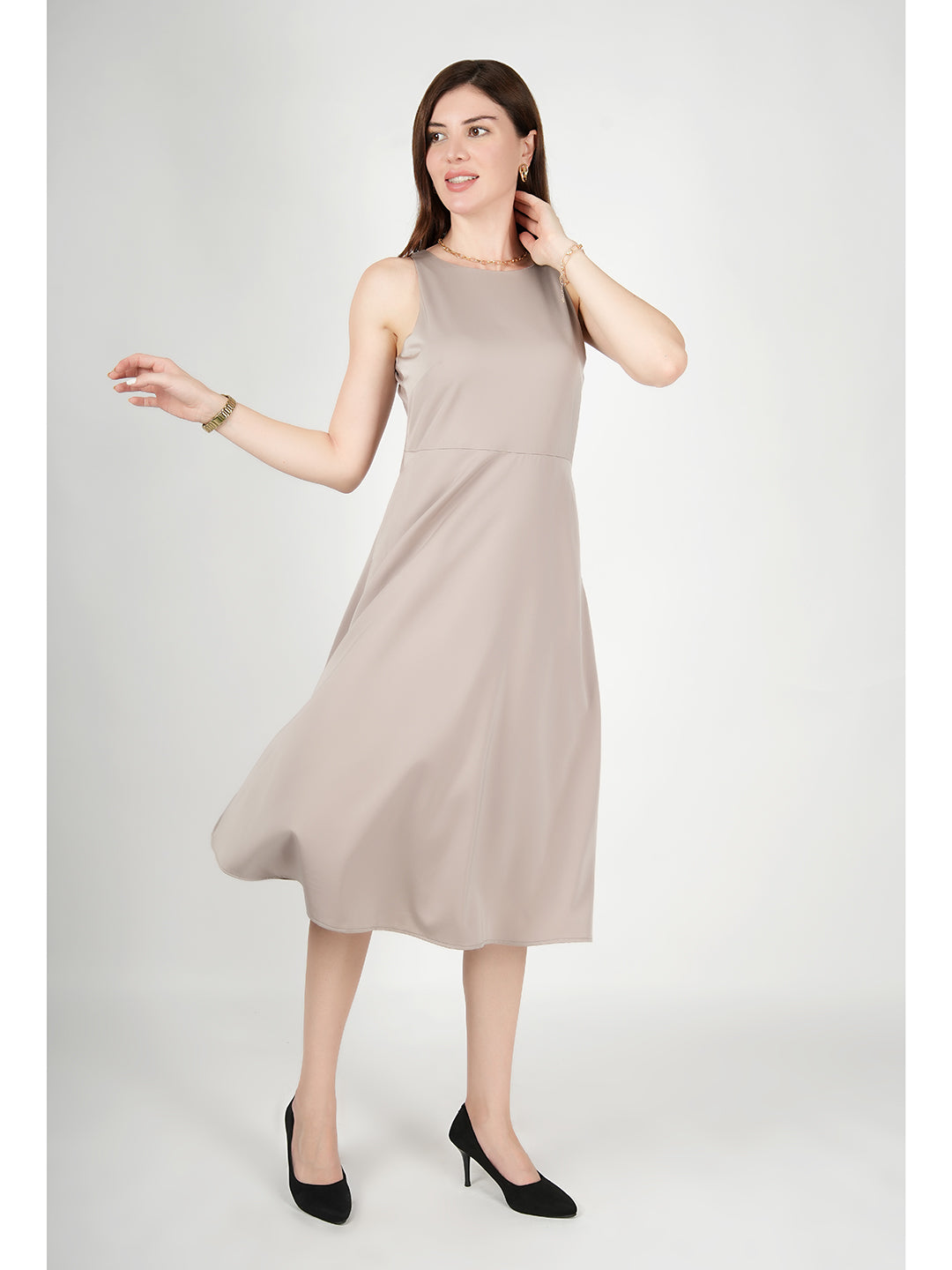 Exude Golden Glow Satin Dress with Pockets (Beige)