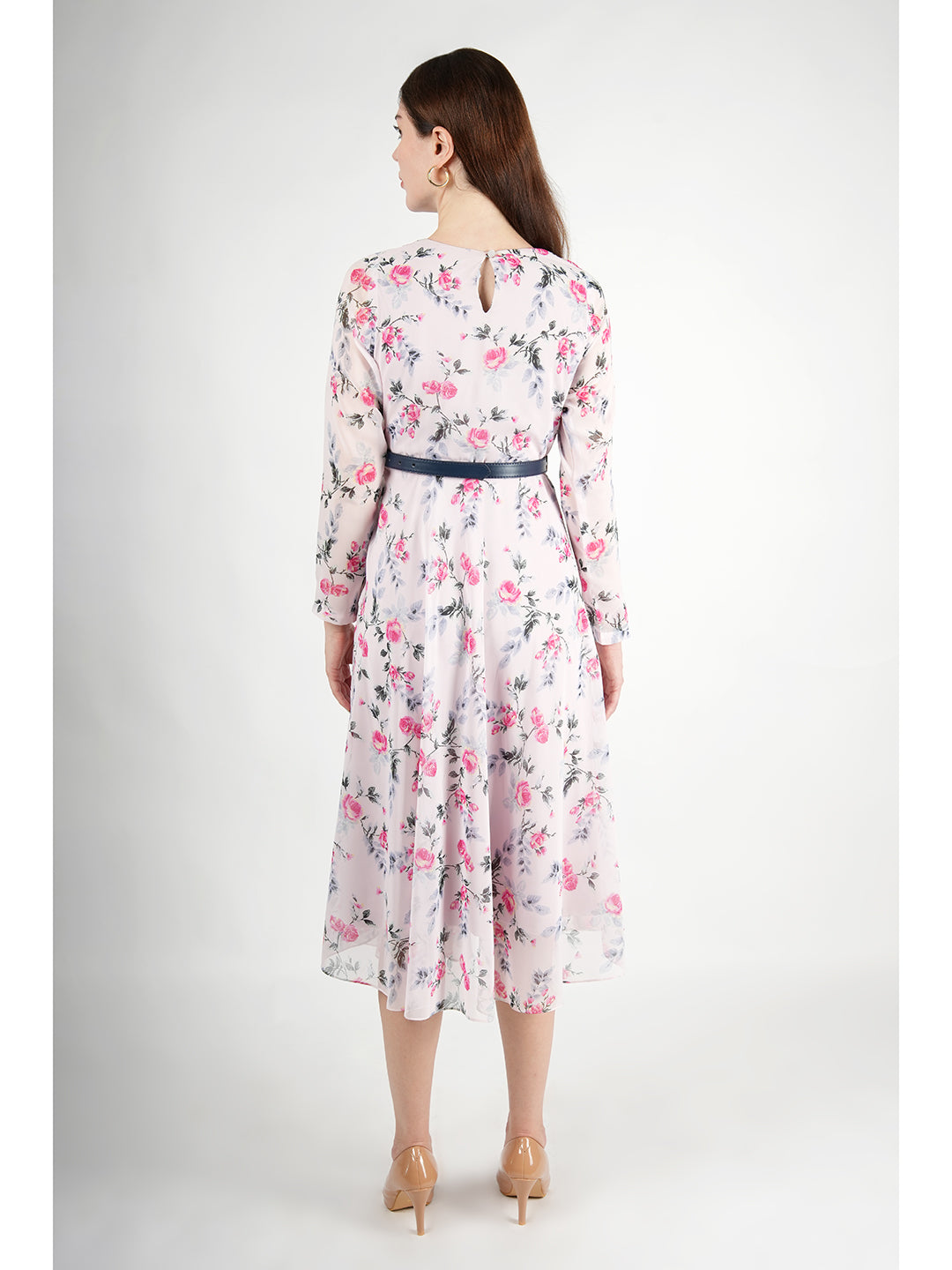 Exude Sunshine A-Line Georgette Dress with Belt (Pink)