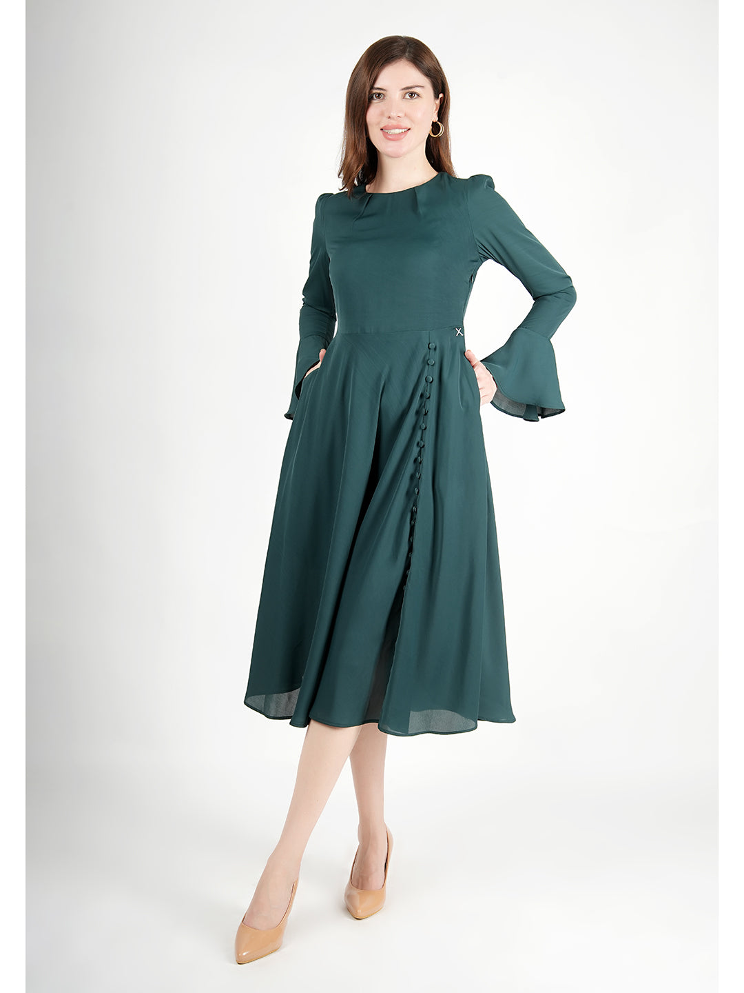 Exude Gleaming Fit &amp; Flare Dress with Long Sleeves (Emerald Green)