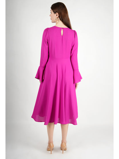 Exude Gleaming Fit &amp; Flare Dress with Long Sleeves (Rosy Pink)