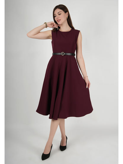 Exude Warmth Fit &amp; Flare Dress with Belt (Wine)