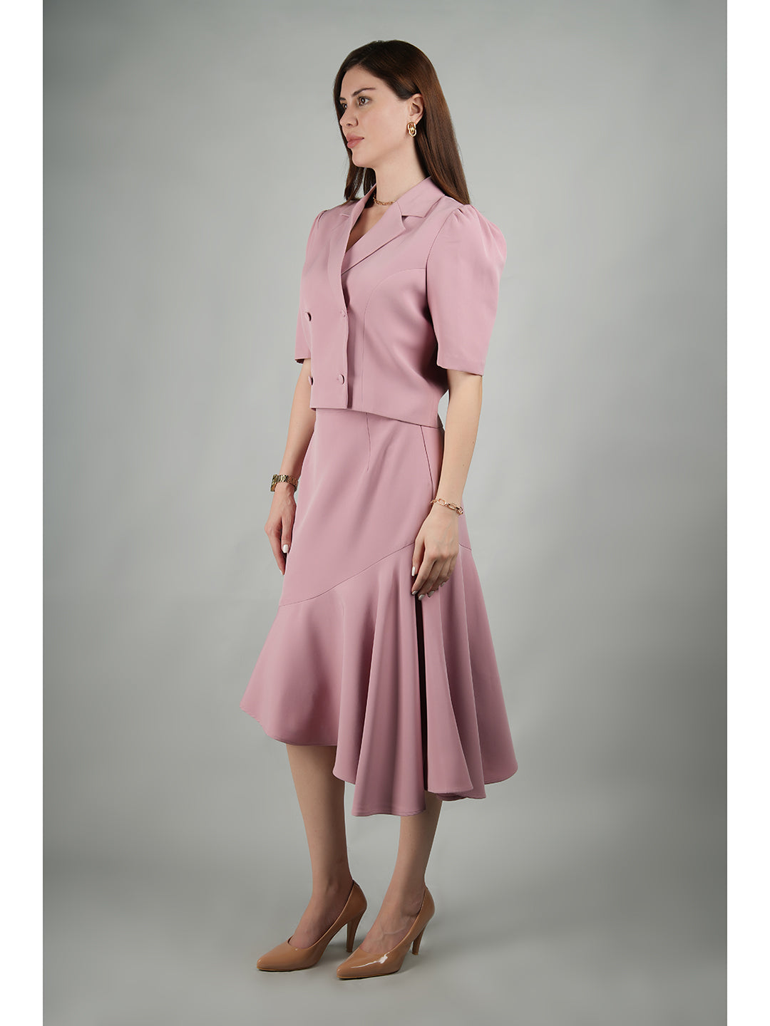 Exude Sunbeam Crop Blazer With Asymmetrical Skirt (Blush Pink)